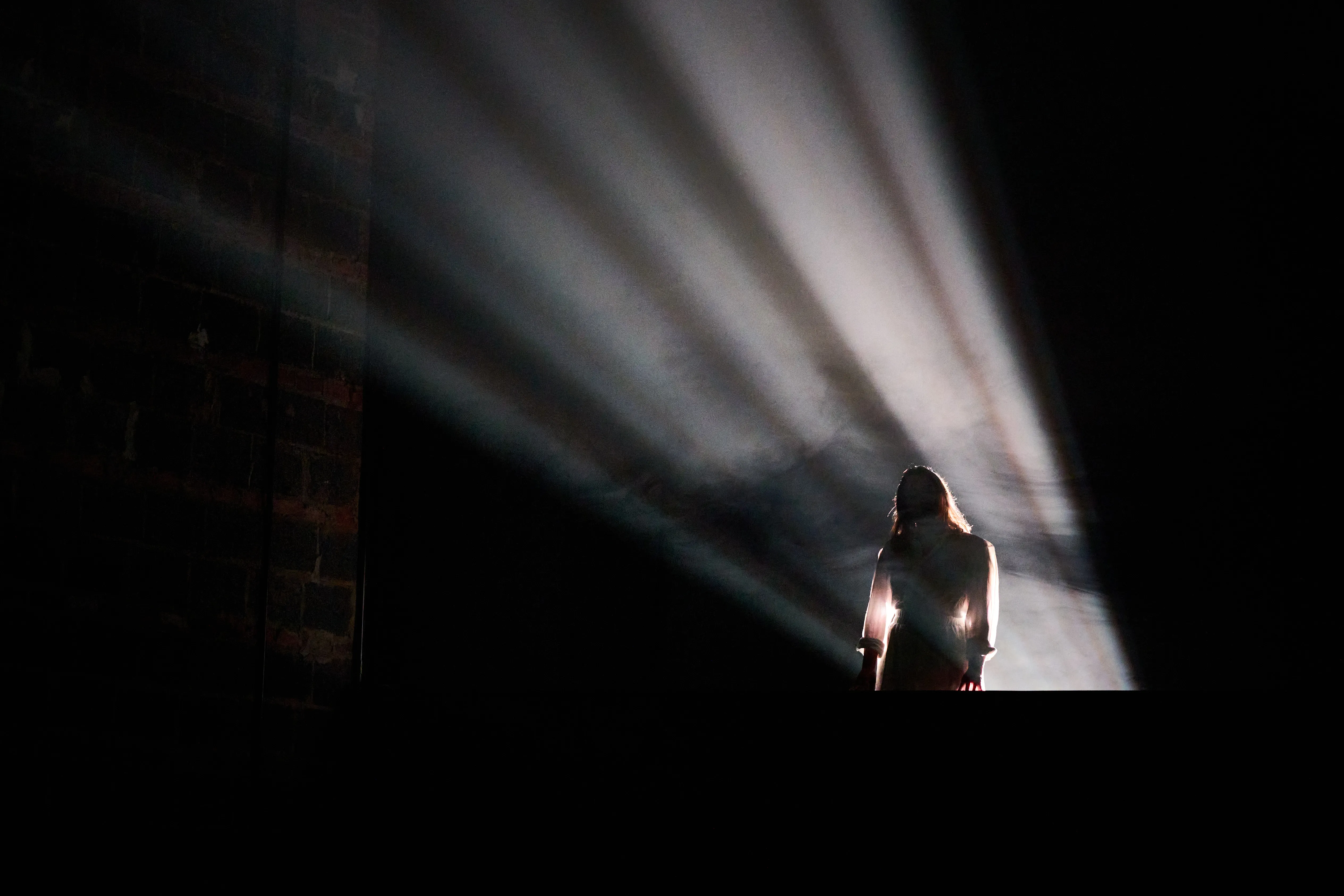 A performer silhouetted against a brick wall and shafts of stage light, from the Voxel Theater production of Nobody Is Ever Missing